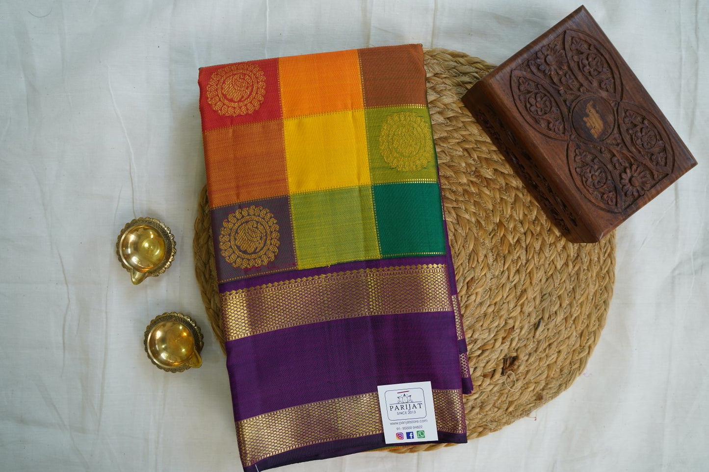 Peacock Blue With Purple Double Shade Pure Kanchi Silk Saree PC10708