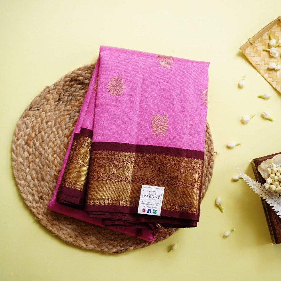 Pink Vairaoosi Korvai Pure 4gm gold Kanchi Silk Saree PC10758