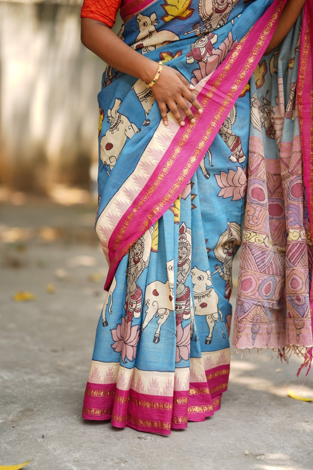 Kalamkari Hand Painted in Handloom Cotton Saree With Silk Border -Krshna PC10148