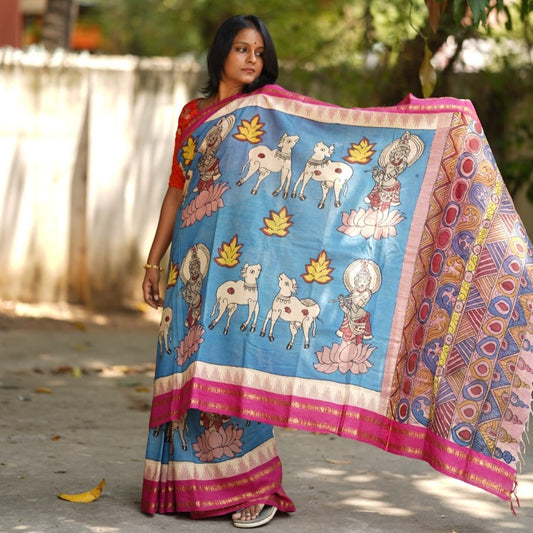 Kalamkari Hand Painted in Handloom Cotton Saree With Silk Border -Krshna PC10148