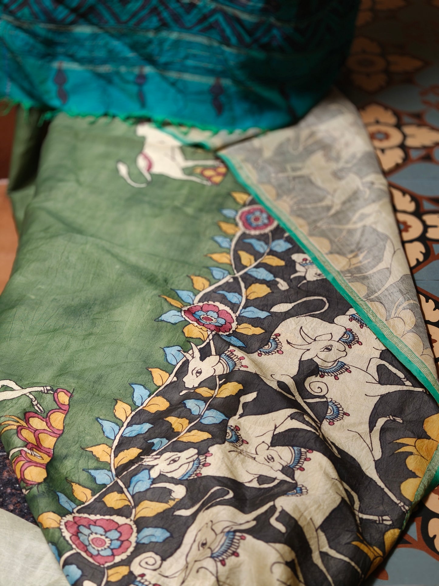 Hand painted kalamkari kanchi silk saree - Kamadhenu