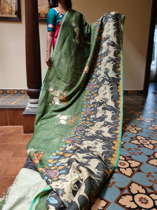 Hand painted kalamkari kanchi silk saree - Kamadhenu