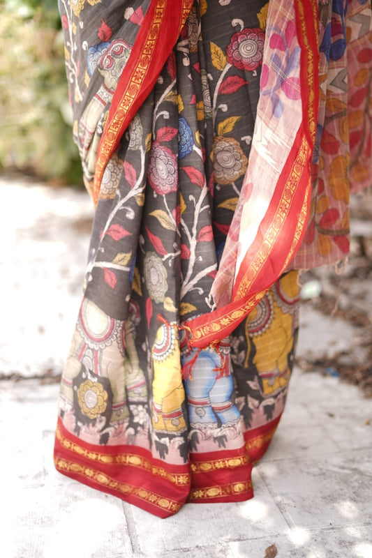 Kalamkari Hand Painted in Handloom Cotton Saree With Silk Border PC9187
