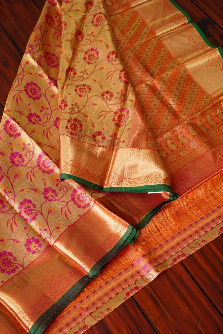Bright Gold & Pink Bridal Silk Saree with Grand Pink Zari Pallu PC897-Silk Sarees-Parijat Collections