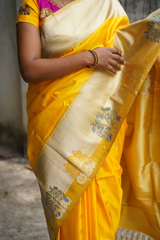 Banana Yellow Gadwal Silk Saree with Big border PC1606