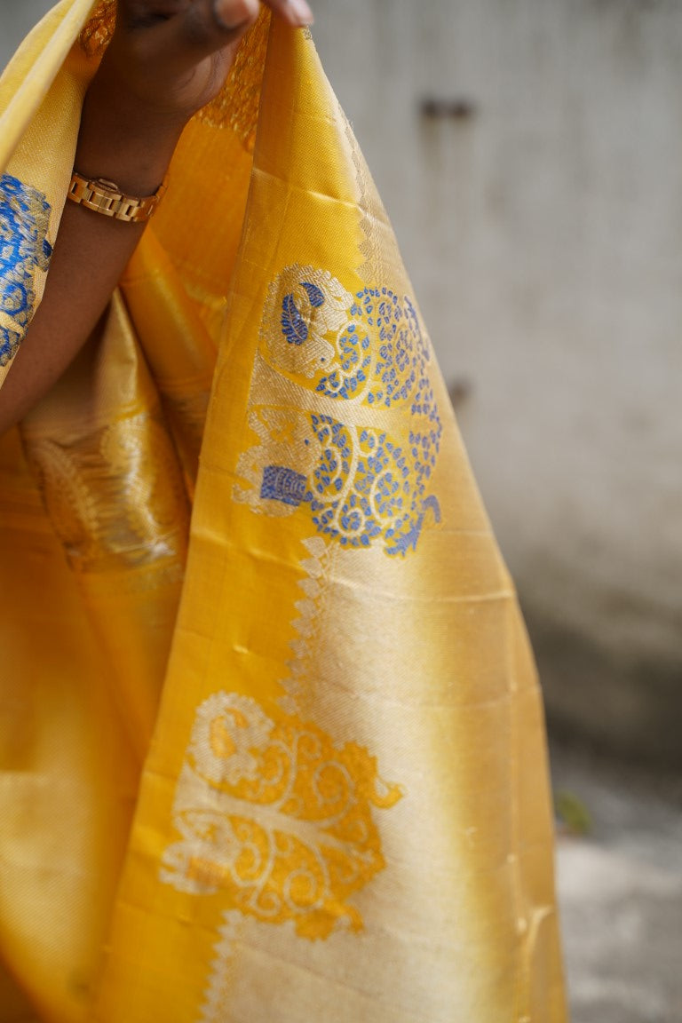 Banana Yellow Gadwal Silk Saree with Big border PC1606