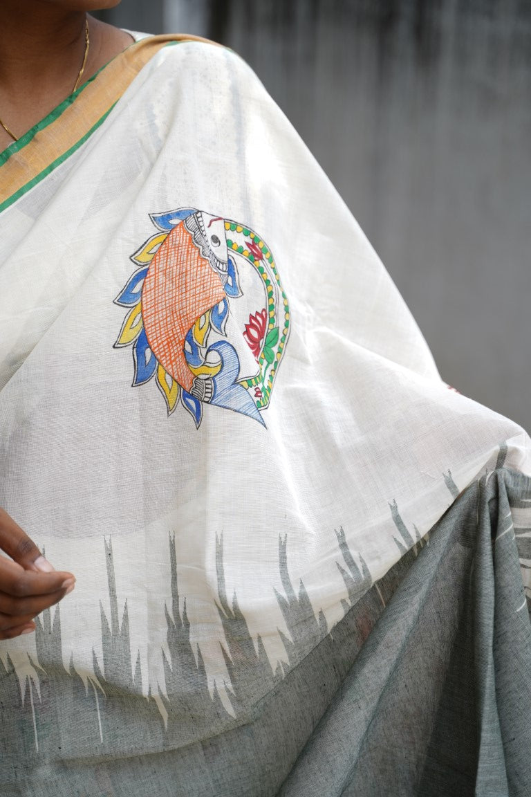 Madhubani Painted Ponduru Handloom Cotton Saree PC7235