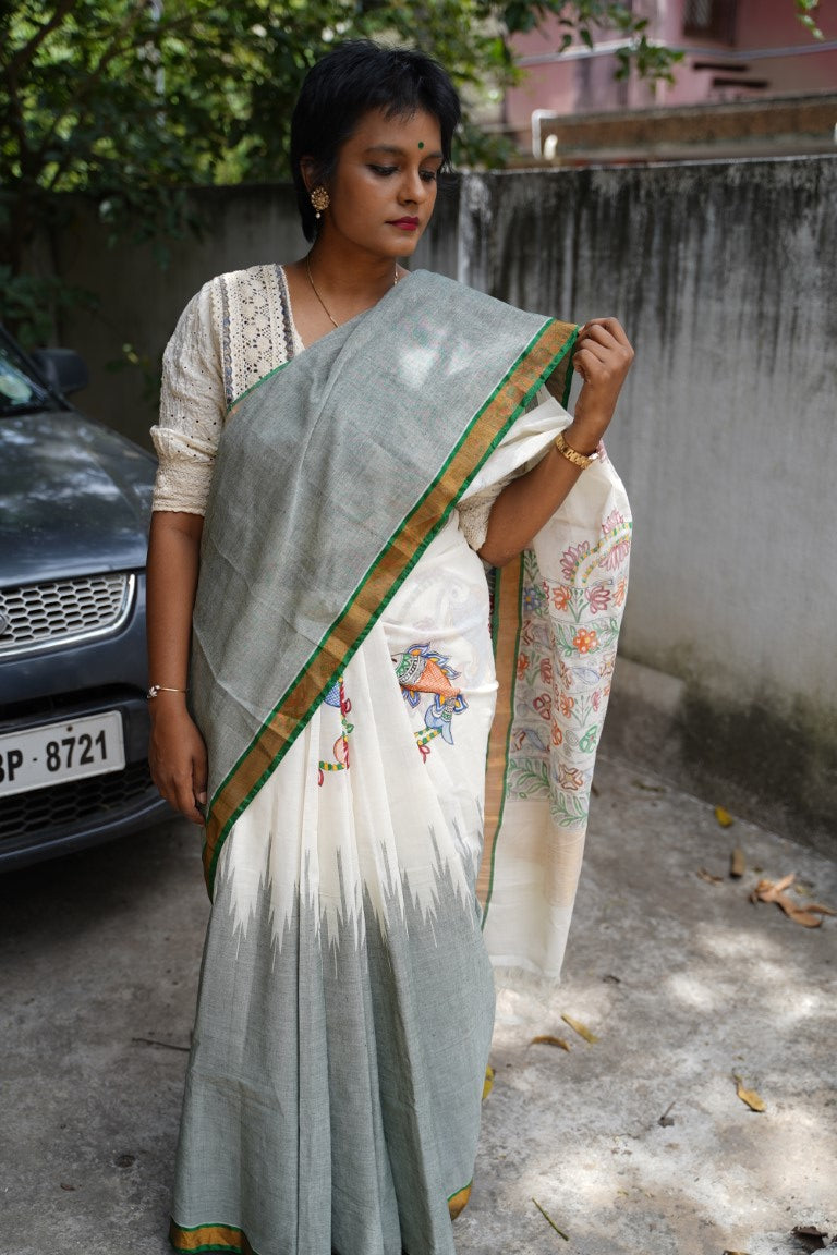 Madhubani Painted Ponduru Handloom Cotton Saree PC7235