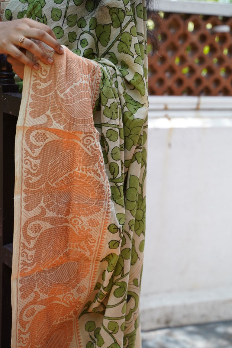 Kalamkari Hand Painted in Handloom Cotton Saree-Mayuri PC9231