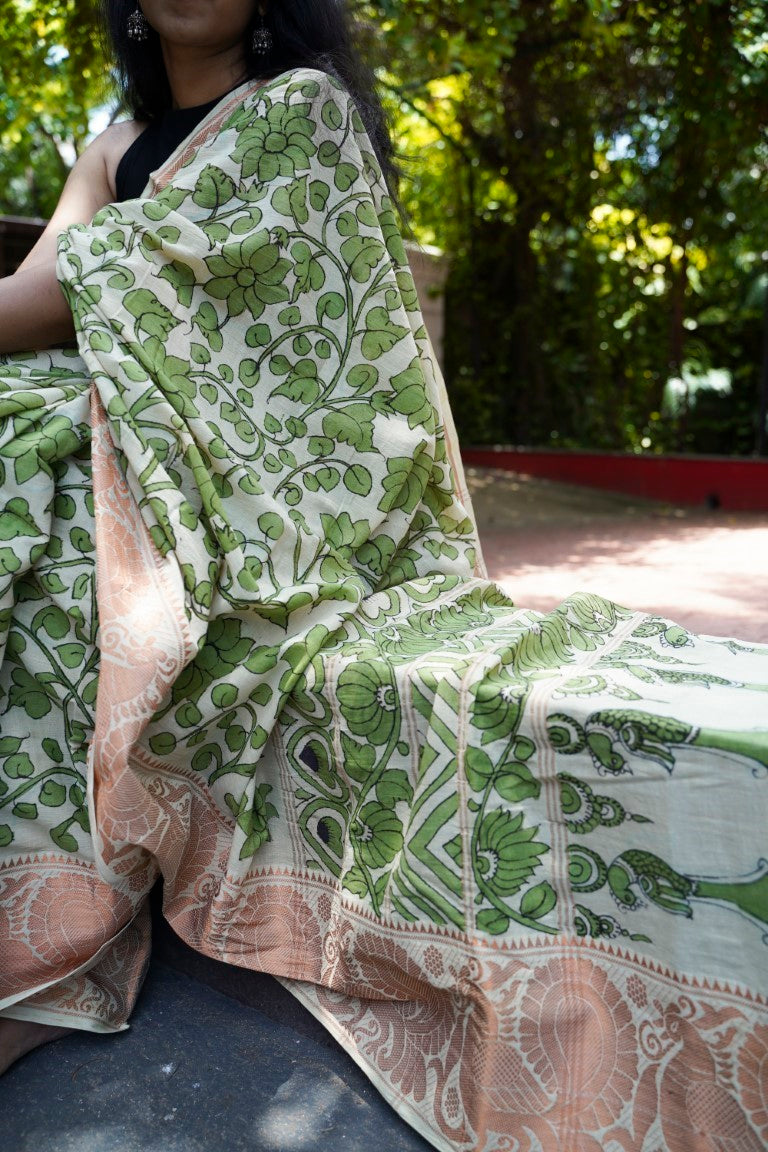 Kalamkari Hand Painted in Handloom Cotton Saree-Mayuri PC9231