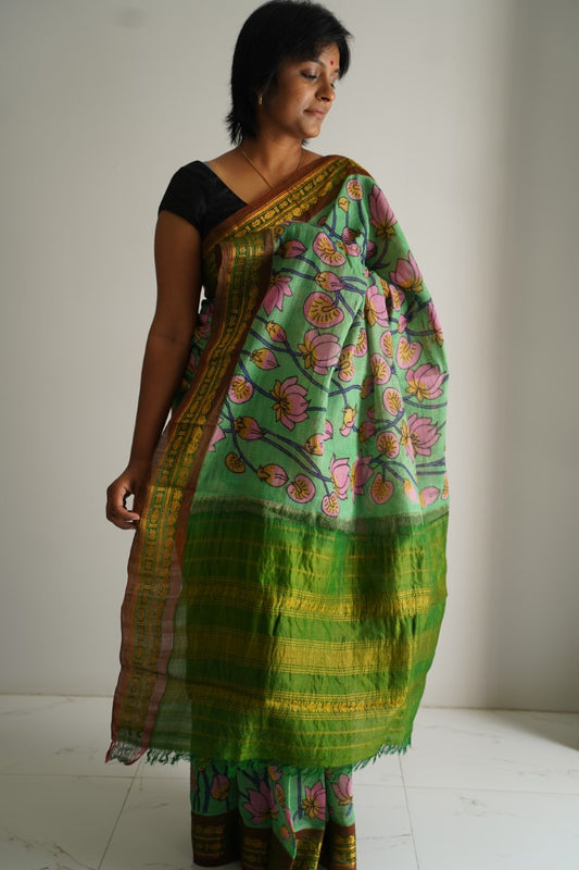 Kalamkari Hand Painted in Handloom Cotton Saree With Silk Border-PC 8089 (WB)
