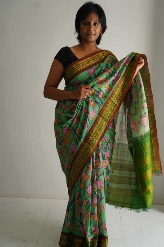 Kalamkari Hand Painted in Handloom Cotton Saree With Silk Border-PC 8089 (WB)