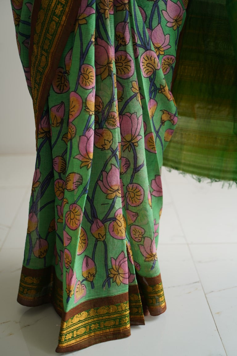 Kalamkari Hand Painted in Handloom Cotton Saree With Silk Border-PC 8089 (WB)