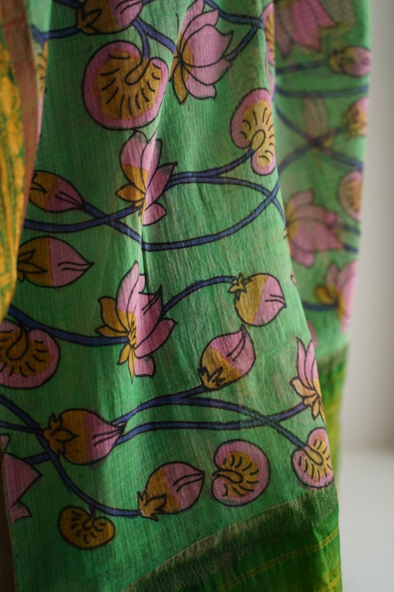 Kalamkari Hand Painted in Handloom Cotton Saree With Silk Border-PC 8089 (WB)