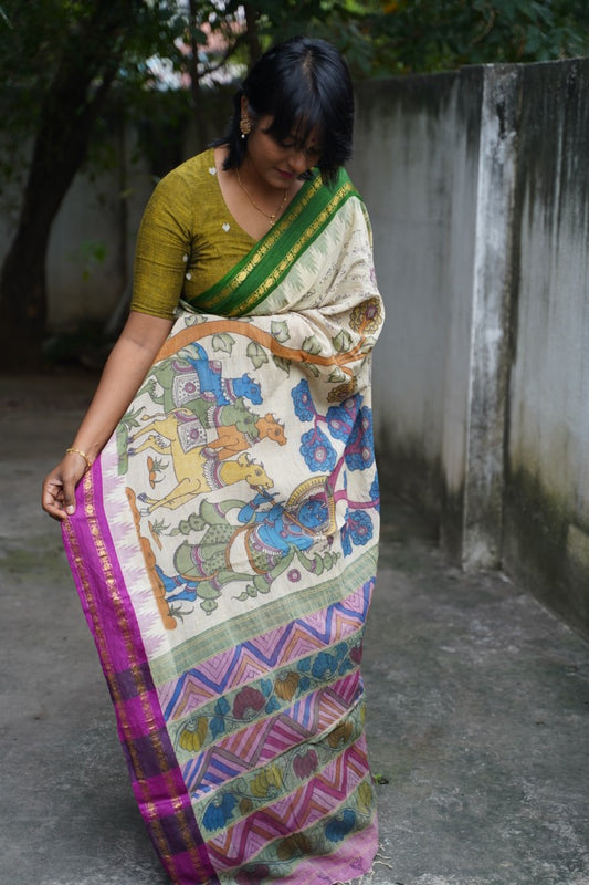 Kalamkari Hand Painted in Handloom Cotton Saree With Silk Border-krshna PC9086