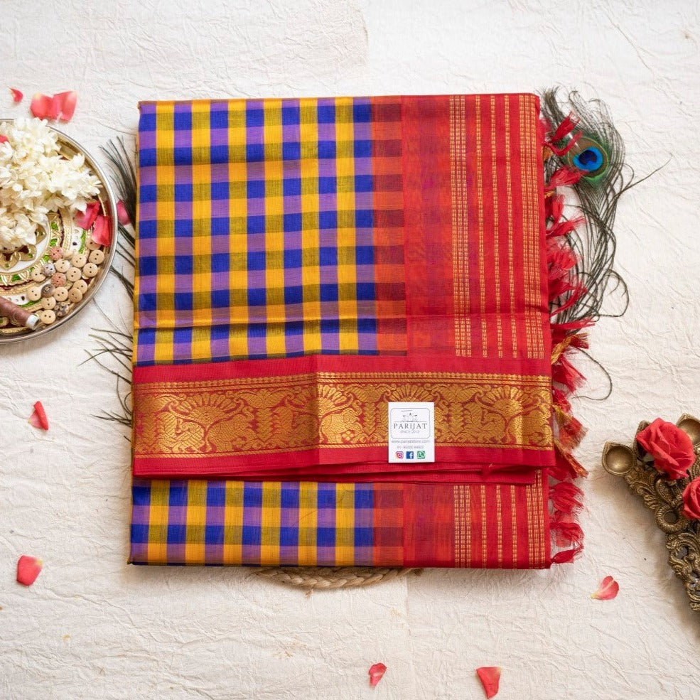 Kanchi Silk Cotton Checked Saree With Zari Border PC9882