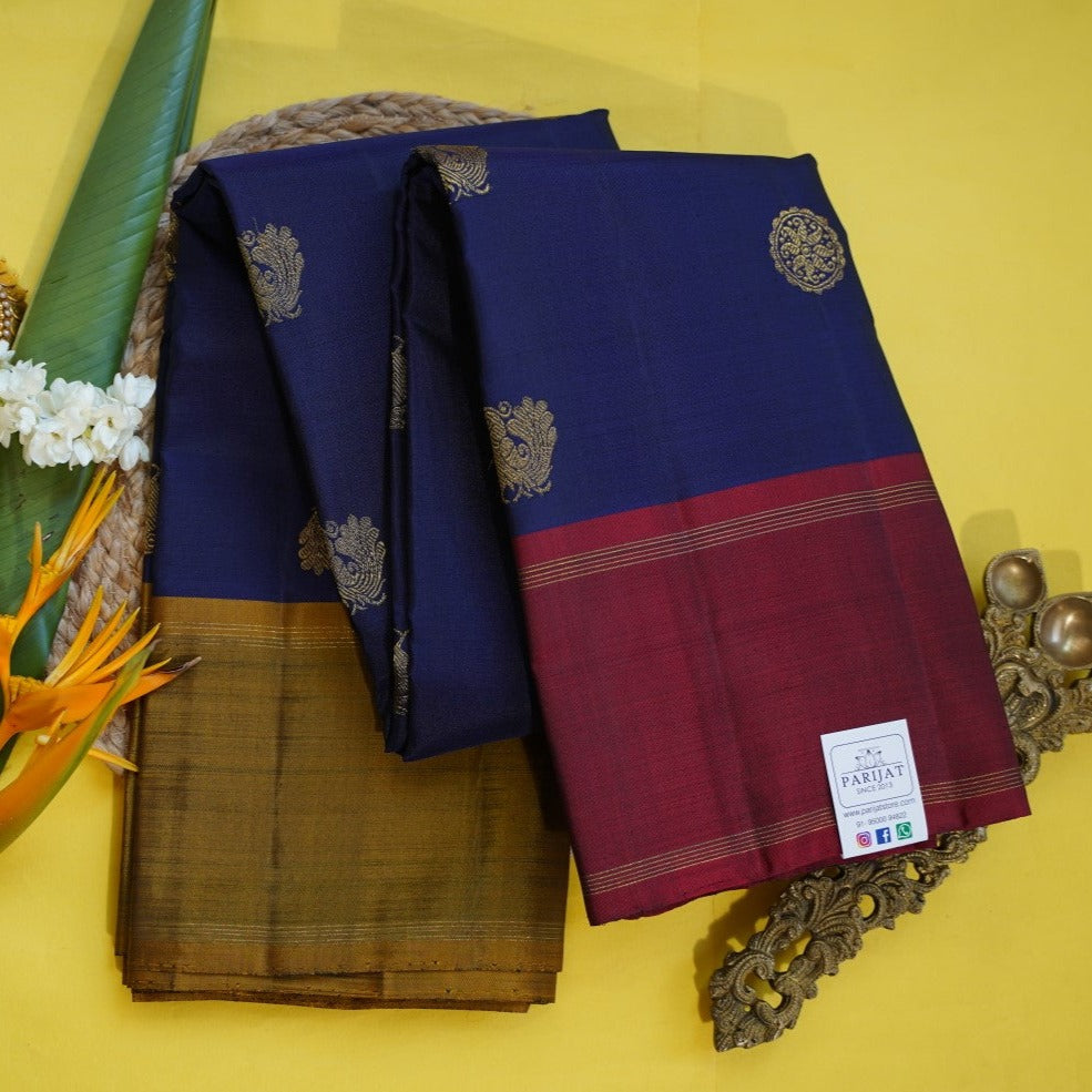 Navy Blue Kanchi Silk Saree With Ganga Jamuna Border PC9911
