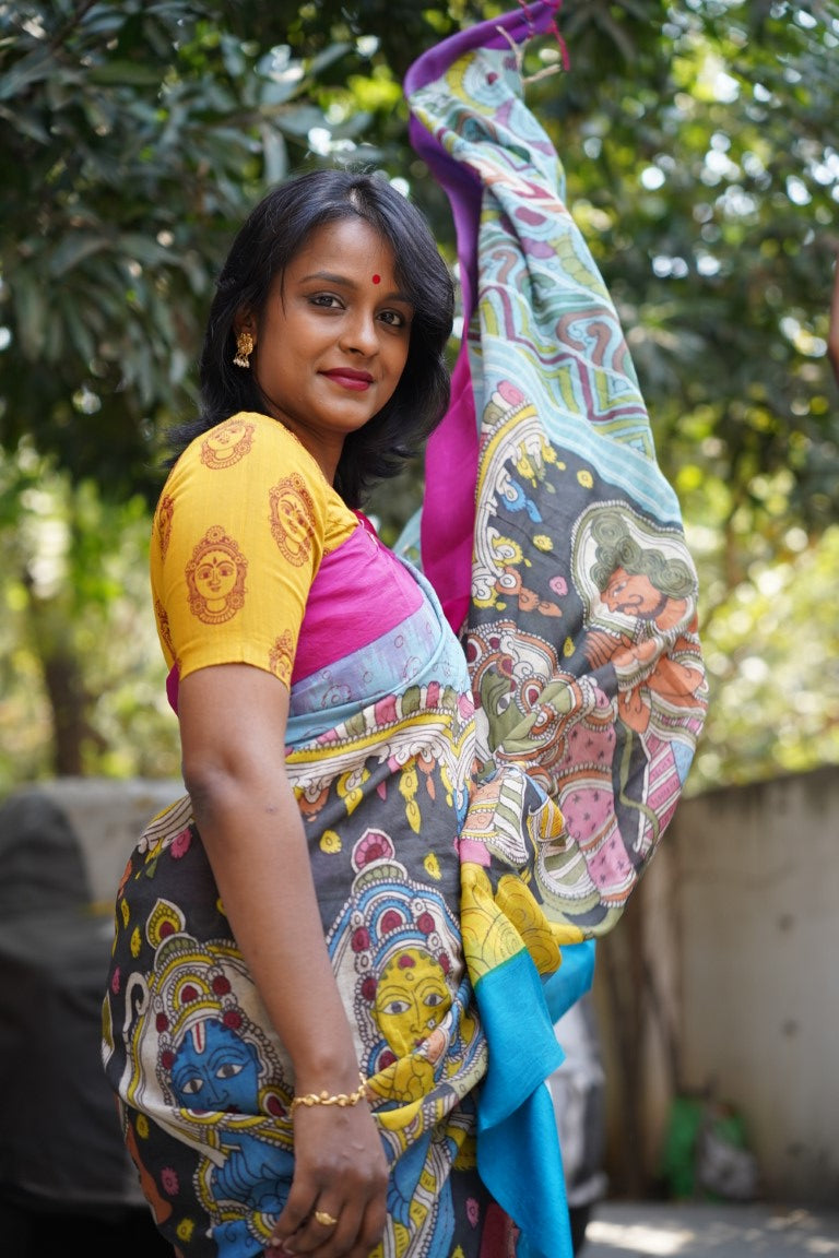 Pen Kalamkari Hand Painted in Kanchi cotton saree-Rama sita PC9524