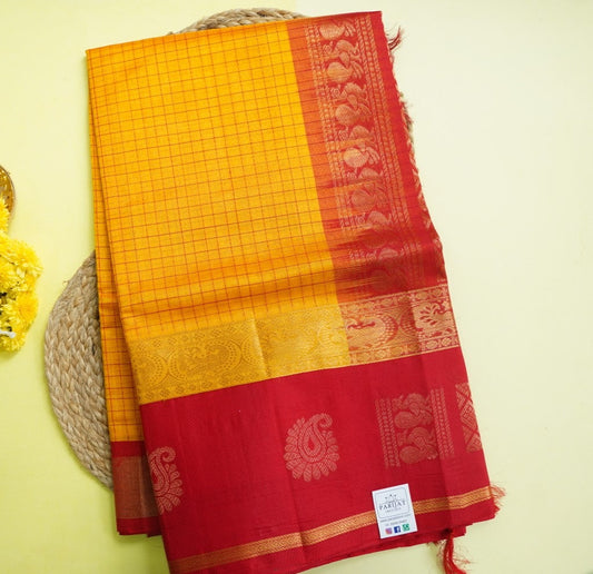 Yellow   Kanchi Checks  Silk Cotton  Saree With Zari Border  PC11087