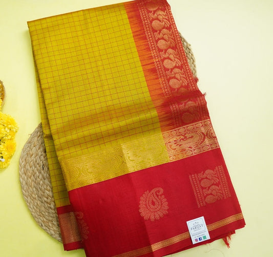 Fenugreek  Kanchi Checks  Silk Cotton  Saree With Zari Border  PC11088