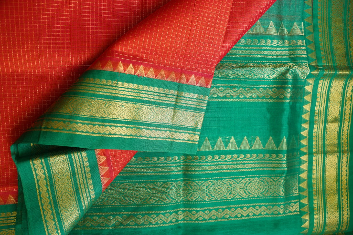 Orange Red   Kanchi  Checks Silk Cotton  Saree With Zari Border  PC11014