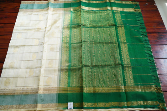 Half White  Kanchi Checks Silk Cotton  Saree With Zari Border  PC11028