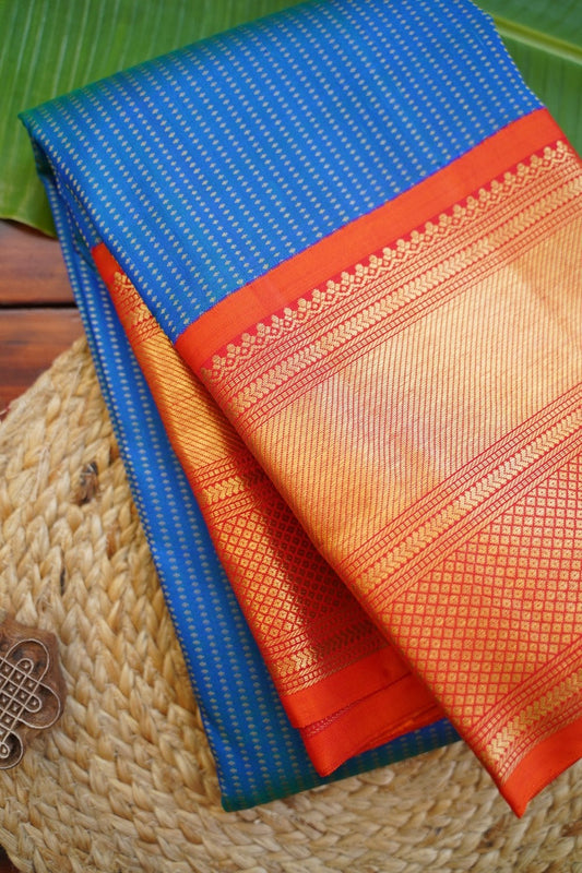 Peacock Blue Pure 4gm Gold Buttas Kanchi Silk Saree PC11331