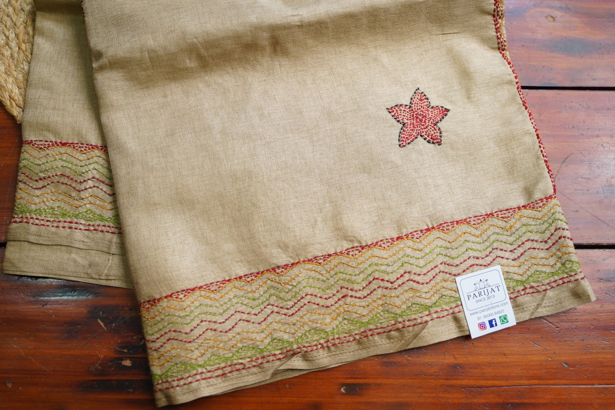 semi tussar kantha work saree PC18314