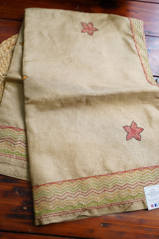 semi tussar kantha work saree PC18314
