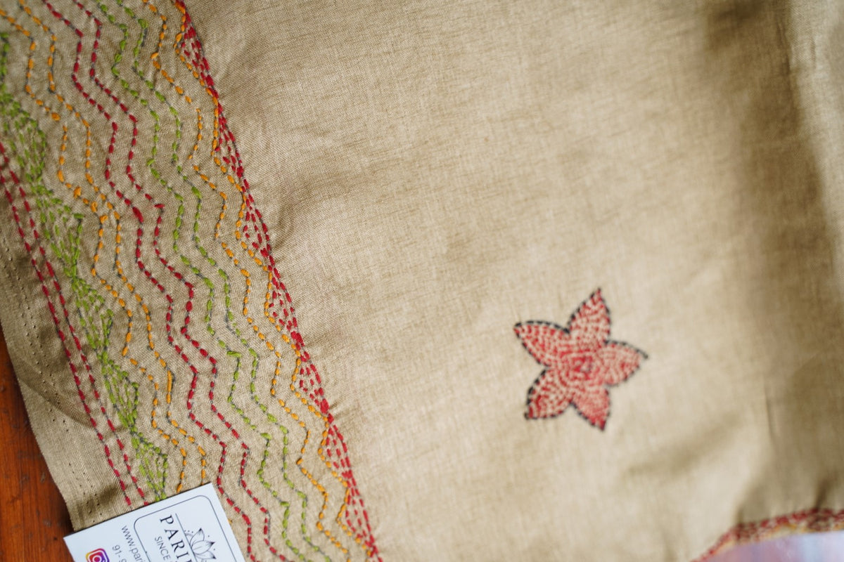 semi tussar kantha work saree PC18314