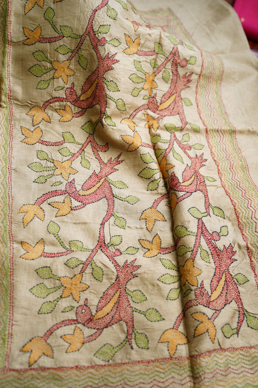 semi tussar kantha work saree PC18314