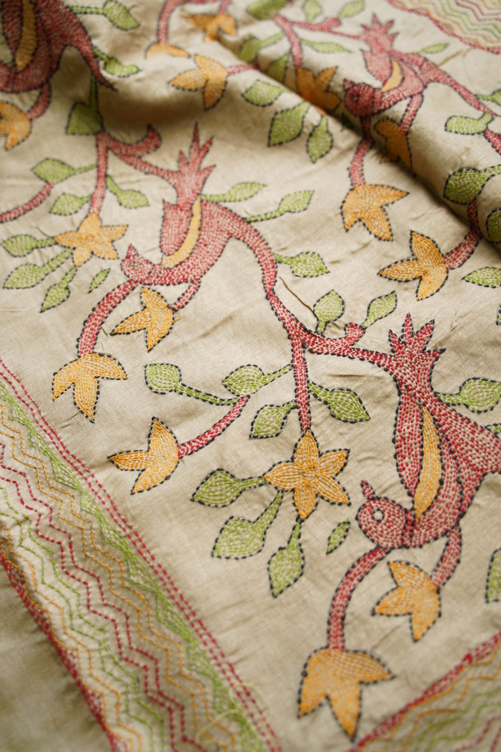 semi tussar kantha work saree PC18314