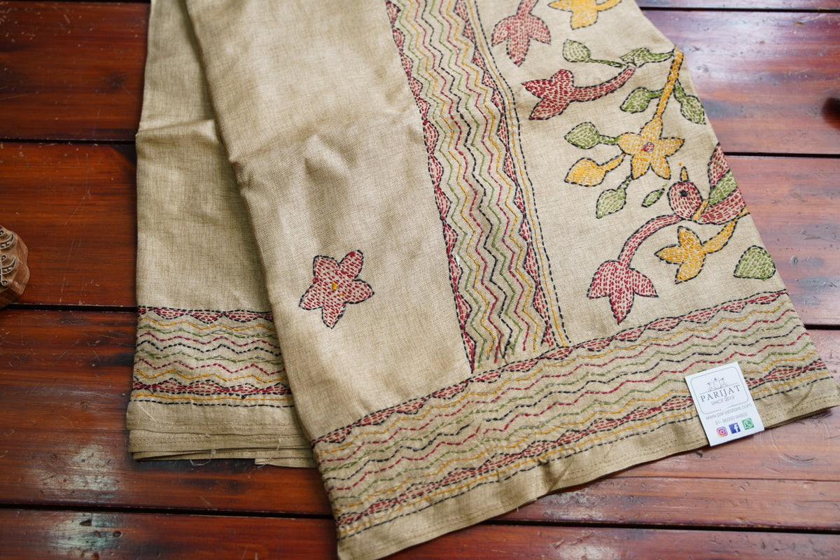 semi tussar kantha work saree PC18313