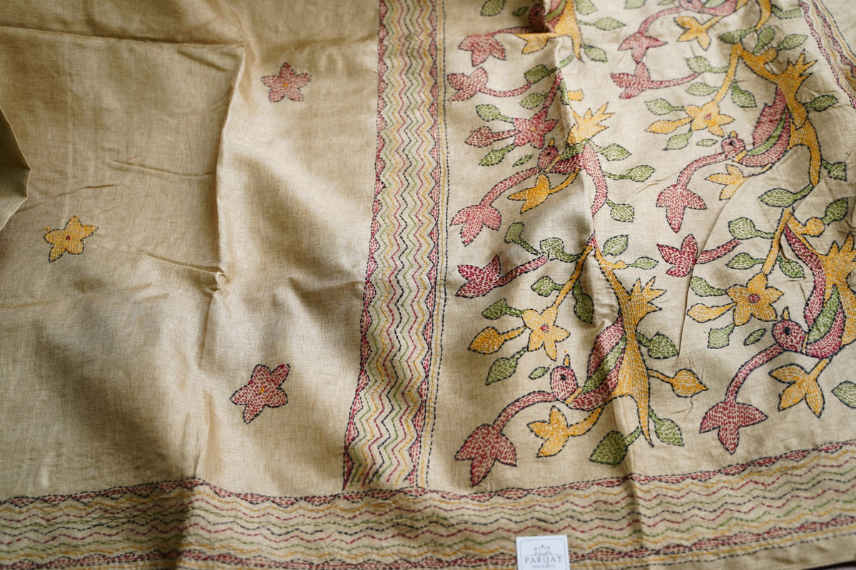 semi tussar kantha work saree PC18313