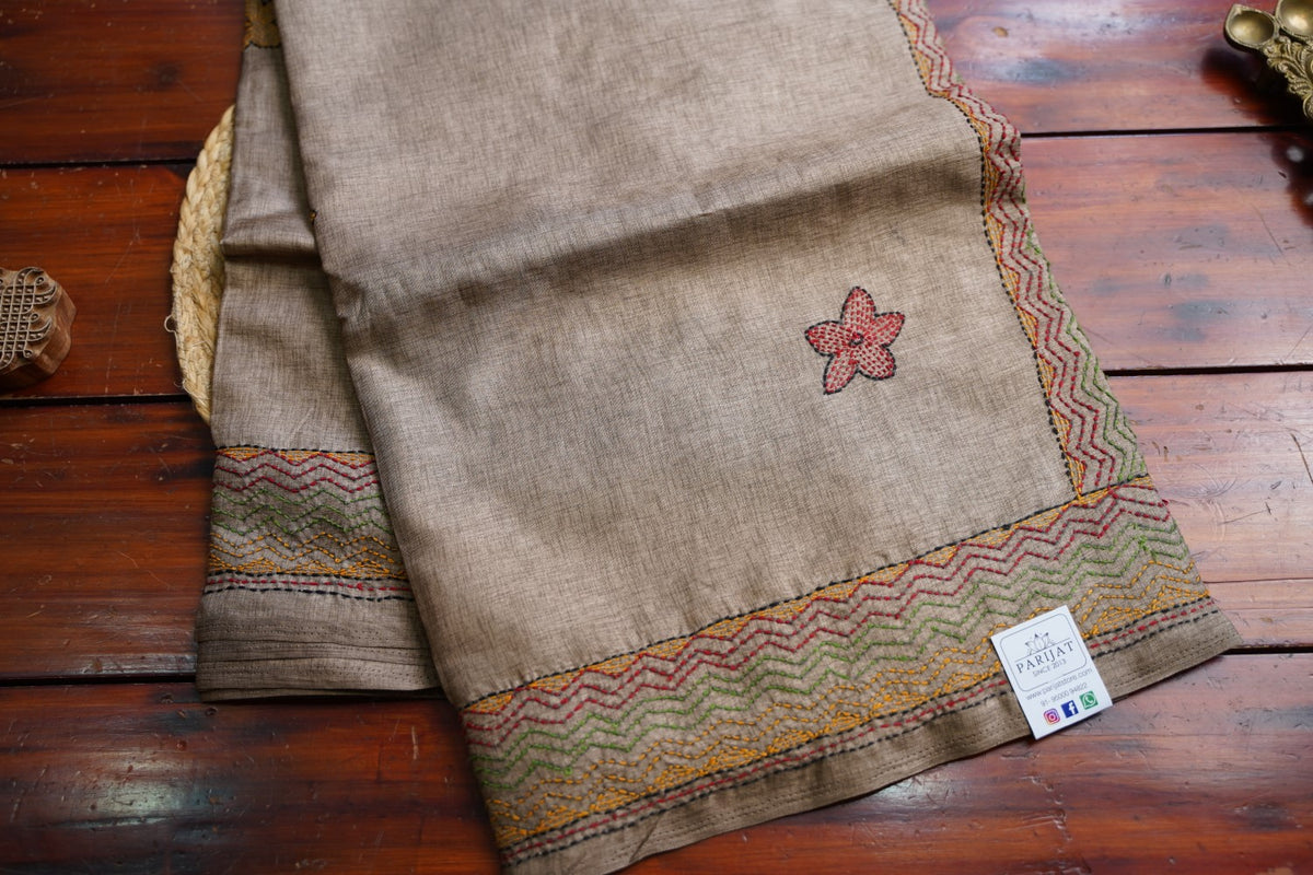 semi tussar kantha work saree PC18312