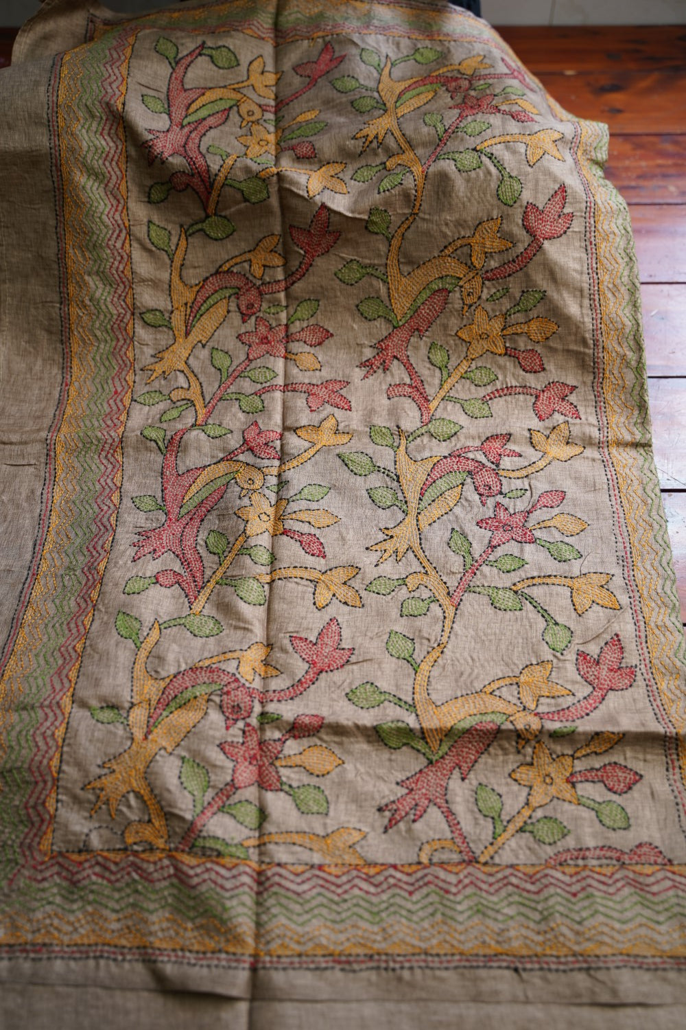 semi tussar kantha work saree PC18312