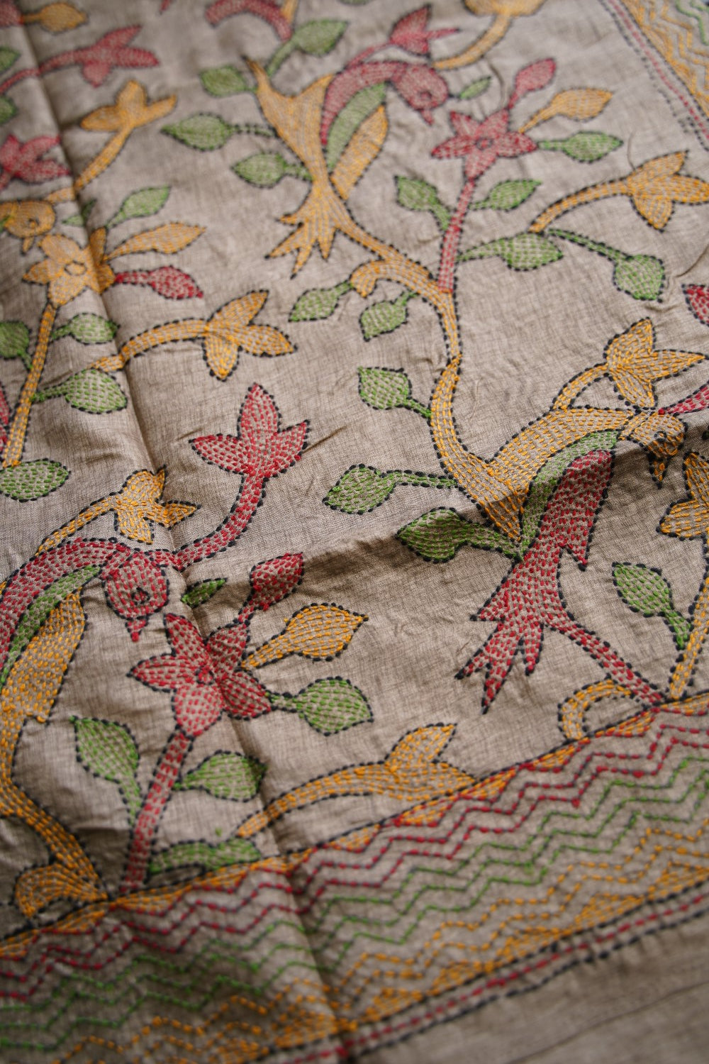 semi tussar kantha work saree PC18312