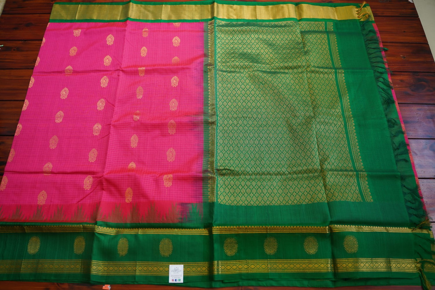 Pink  Kanchi  Checks Silk Cotton Saree With Zari Border PC11350