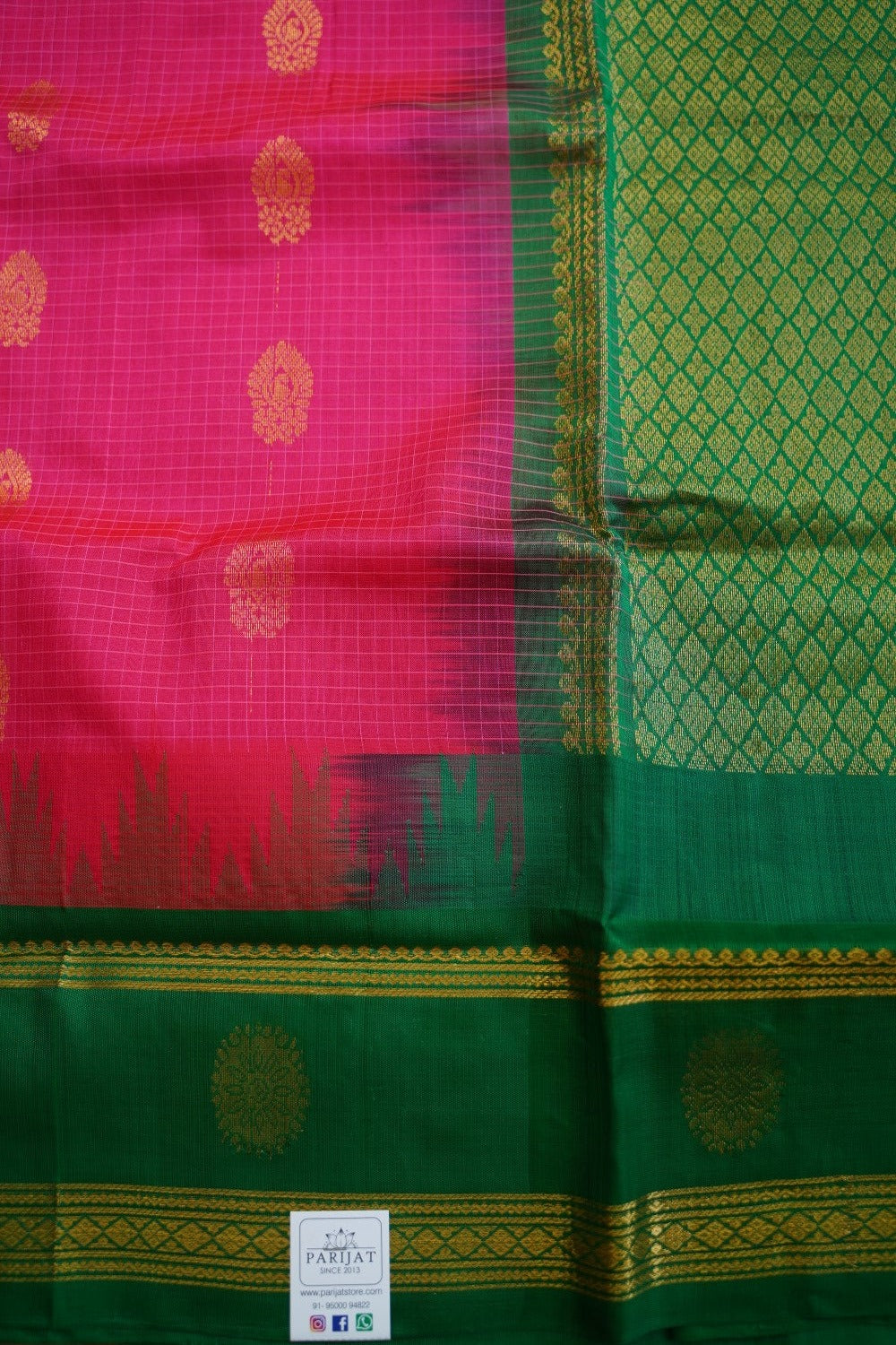 Pink  Kanchi  Checks Silk Cotton Saree With Zari Border PC11350