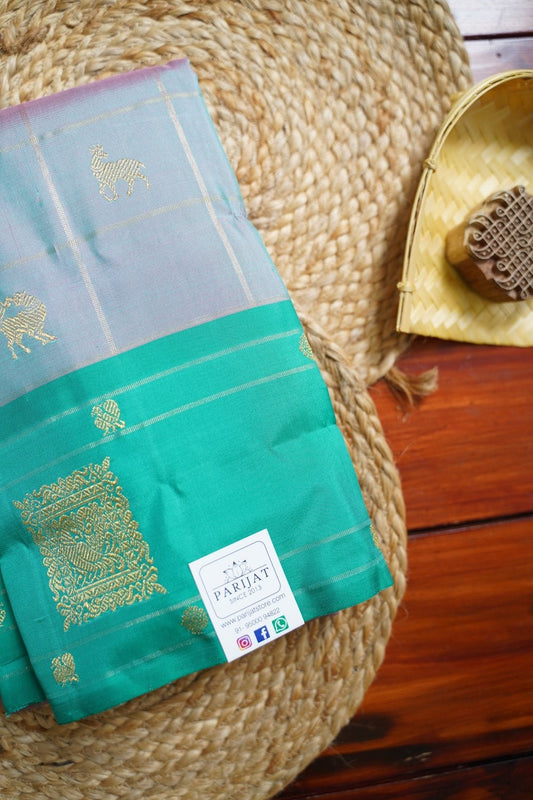 Blueish Gray (Dual Shades) Pink and  Green Deer Katam Butta  Kanchi Silk Saree PC11376