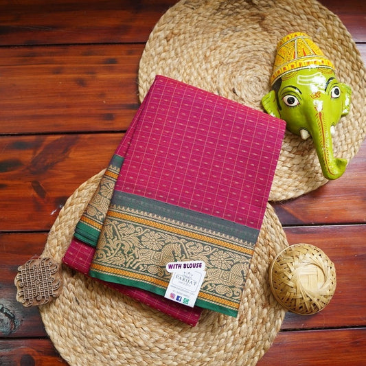Magenta Pink Lakshadeepam  Chettinad handloom Cotton Saree With Thread  Border PC11466