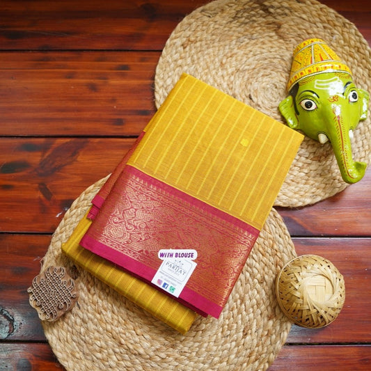 Light Yellow Chettinad handloom Cotton Saree With Zari Border PC11483