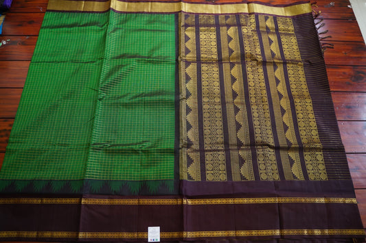 Green Checks Kanchi Silk Cotton Saree With Zari Border PC11661