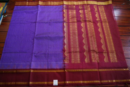 Violet Checks Kanchi Silk Cotton Saree With Zari Border PC11663
