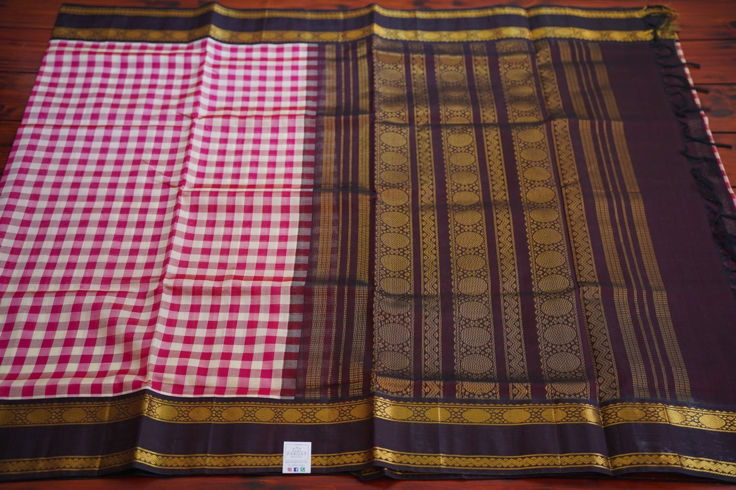 Kanchi Silk Cotton Checked Saree With Zari Border  PC10194