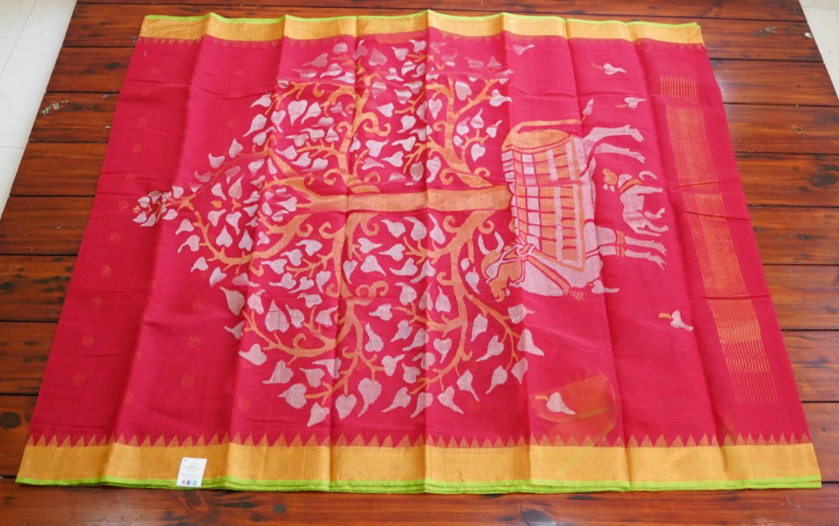 Red Jamdani  Ponduru handloom Cotton Saree PC11591