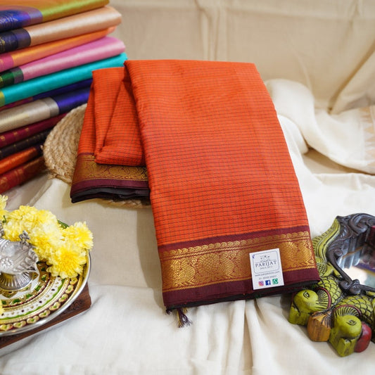 Orange Kanchi Checks Silk Cotton Saree With Zari  Border PC11732