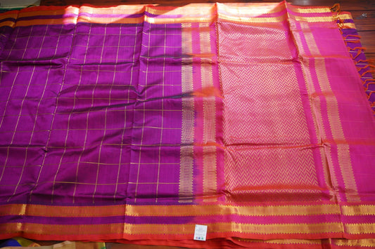 Purple Checks 10  yards Kanchi   Handloom Silk Cotton Saree PC11101