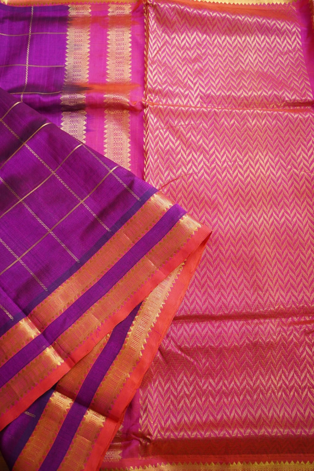 Purple Checks 10  yards Kanchi   Handloom Silk Cotton Saree PC11101