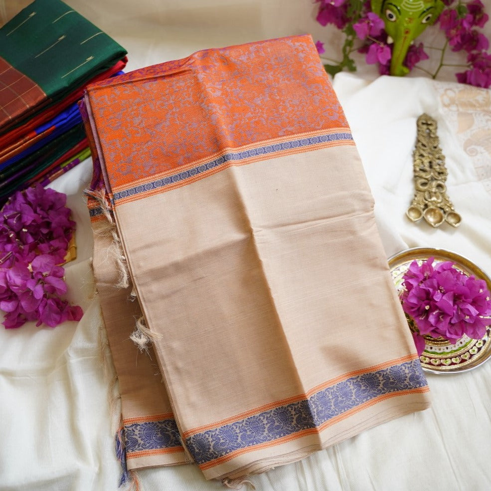 Golden Brown Mupbagam Vanasingaram Kanchi Handloom Silk Cotton Saree PC7020